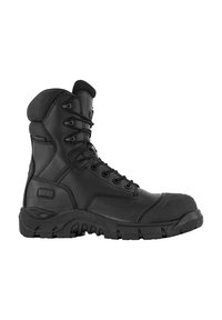 Zwarte tactische laars met hoge enkelondersteuning, bovenwerk van leer en synthetisch materiaal, versterkte neus, rubberen zool en verschillende oogjes voor veters.