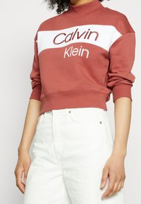 Sudadera terracota de Calvin Klein con una franja horizontal blanca que presenta un logo bordado. Cuello y puños acanalados, textura suave. Pantalones blancos visibles.