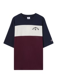 Koszulka z krótkim rękawem w kolorze blokowym z niebieskimi, białymi i bordowymi panelami, z logo "Champion" na klatce piersiowej i rękawie.