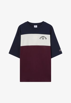 Kurzärmliges Farbkombination-T-Shirt mit marineblauen, weißen und kastanienbraunen Paneelen, versehen mit dem "Champion"-Logo auf der Brust und dem Ärmel.