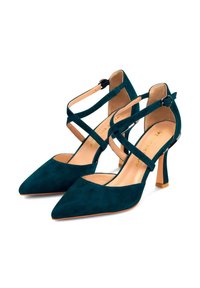 Teal suede hoge hakken met een puntige neus, enkelschoenen en een blokhak. Voorzien van kruislings straps en een textuur oppervlak.