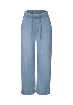Light blue denim wide-leg trousers with an elastic waistband and drawstring, featuring side pockets and a relaxed fit.
