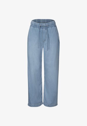 Pantalons en denim bleu clair à jambes larges avec une taille élastique et un cordon de serrage, dotés de poches latérales et d'une coupe décontractée.
