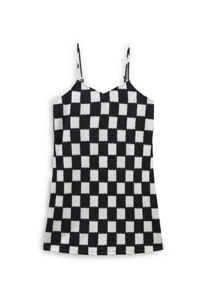 Schwarz-weiße karierte Camisole mit dünnen Trägern, aus strukturierter, gerippter Stoffqualität und mit einem V-ausgeschnittenen Ausschnitt.