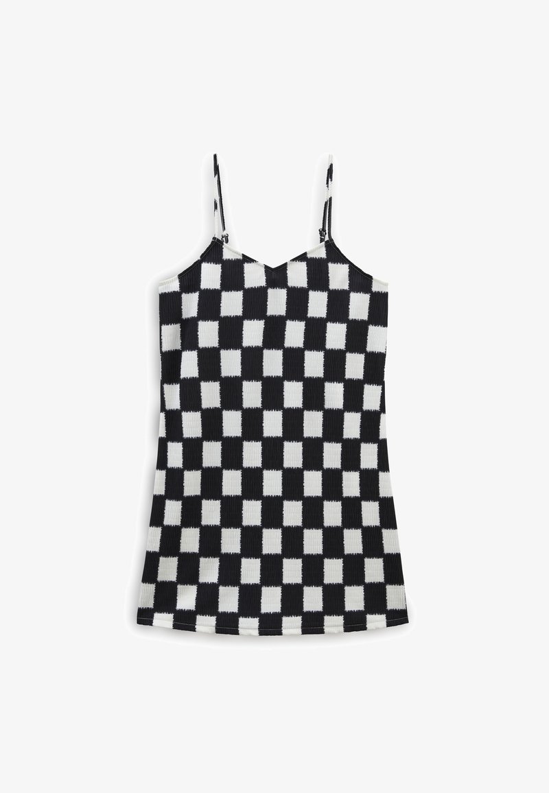 Mustavalkoinen ruudullinen toppi ohuilla olkaimilla, jossa on tekstuuri, ribattua kangasta ja V-mallinen pääntie.