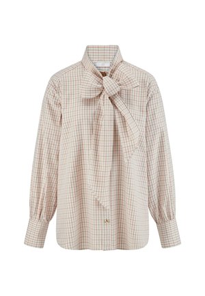 Long-sleeve cream blouse with red and blue windowpane checks and a large bow tied at the neck.