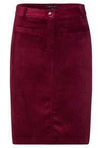 Burgundy ribbed skirt made of velvety fabric, featuring a button closure and two front pockets. Straight cut with a hem that reaches the knee.