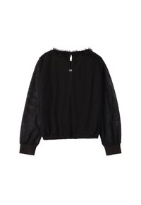 Schwarz Bluse mit transparenten langen Ärmeln und einem rüschierten Ausschnitt. Sie hat einen Schlitz im Rücken und einen elastischen Saum. Polierte Beschläge am Ausschnitt.