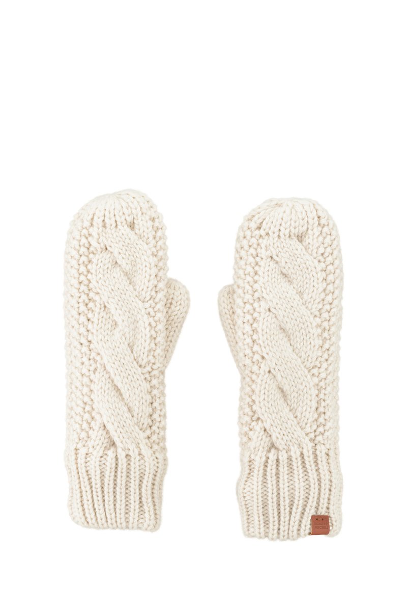 Gestrickte cremefarbene Handschuhe mit einem Kabelmuster, aus dickem Garn und mit gerippten Bündchen. Enthält ein kleines Lederetikett an einem Bündchen.