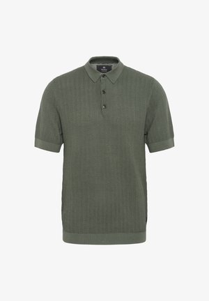 Polo tričko v tmavě zelené barvě, strukturní látka s cikcak vzorem, krátké rukávy a plochý límeček. Obsahuje tři knoflíky u krku.
