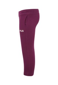 Leggings sportivi viola realizzati in tessuto elastico. Tra le caratteristiche ci sono una tasca laterale e un logo bianco sulla parte inferiore della gamba. Tessuto liscio.