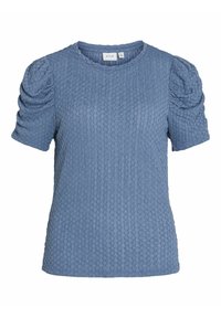 Svetlomodrý krátky rukáv s textúrovaným povrchom a vypasenými rukávmi, okrúhlym výstrihom a jemným vzorom na látke. Viditeľná značka.