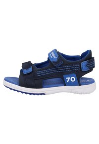 Sandal blu e navy con cinturini regolabili in Velcro, tomaia in rete traspirante, suola ammortizzata e suola in gomma bianca con motivo a rilievo.