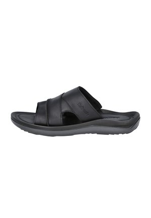 Sandalias deslizantes de cuero negro con dos correas cruzadas, punta redondeada y suela de goma gris acolchada, que presenta una textura suave y un detalle de logo.