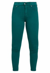 Jeans skinny de mezclilla verde con una cintura alta, que cuentan con bolsillos delanteros y una textura suave y elástica. Incluyen un cierre con botón de metal.