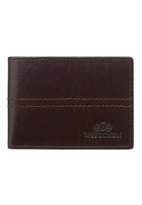 Portefeuille en cuir brun avec une texture lisse, présentant des coutures contrastées et un logo en relief à l'avant. Forme rectangulaire.