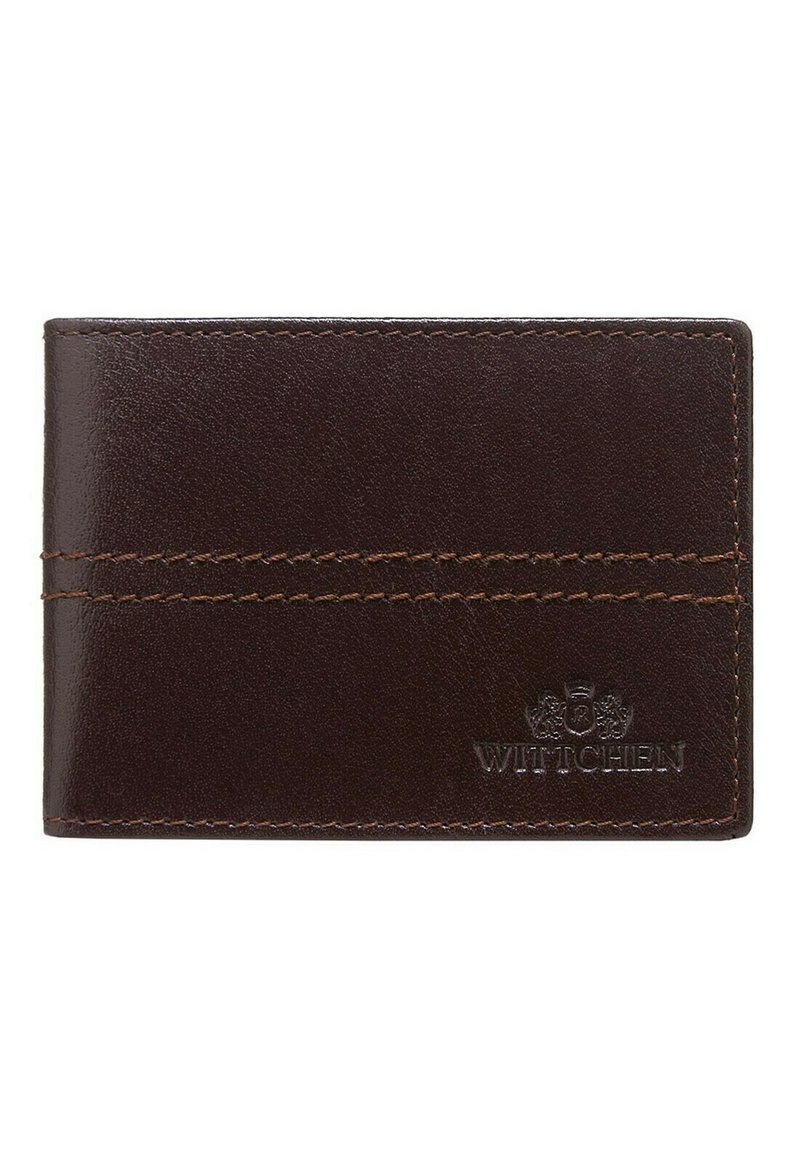 Portefeuille en cuir brun avec une texture lisse, présentant des coutures contrastées et un logo en relief à l'avant. Forme rectangulaire.