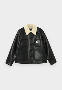 Czarna skórzana kurtka z beżowym kołnierzem z sztucznego futra, z dwoma przednimi kieszeniami, kieszenią na piersi i zapięciem na guziki.