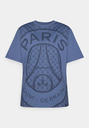 Blå bomulls t-skjorte med et teksturert grafisk design med teksten "PARIS" og "SAINT-GERMAIN", rund hals og korte ermer.
