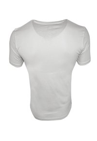 Weißes T-Shirt mit kurzen Ärmeln und rundem Halsausschnitt, glatter Textur und taillierter Form. Die Rückansicht zeigt ein einfaches Design ohne Muster.