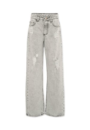 Jasnoszare jeansy z wysokim stanem i szerokimi nogawkami, z postrzępionymi rozdarciami na udach i kolanach, wyposażone w przednie kieszenie i szlufki na pasek.