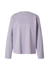Licht lavendelkleurig langemouw t-shirt van zachte katoen. Heeft een ronde halslijn en een recht gesneden zoom, met minimale stikseldetails.