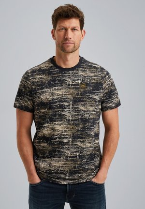 Short-sleeve t-shirt in dark blue with a textured, abstract pattern in beige. Features a ribbed neckline and a small logo patch on the chest.
