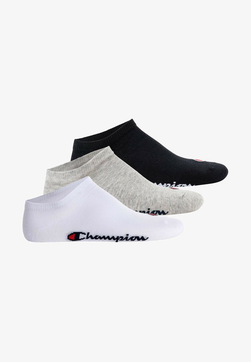 Three pairs of low-cut socks in black, gray, and white. Each has a reinforced toe and features the "Champion" logo embroidered in contrasting colors.