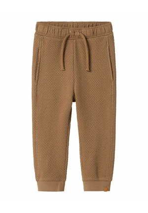 Braune, strukturiertes Strick-Jogginghose mit Kordelzugbund, Seiten Taschen, gerippten Bündchen und einem kleinen Leder-Logo-Tag am linken Bündchen.