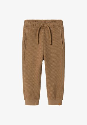 Braune, strukturiertes Strick-Jogginghose mit Kordelzugbund, Seiten Taschen, gerippten Bündchen und einem kleinen Leder-Logo-Tag am linken Bündchen.
