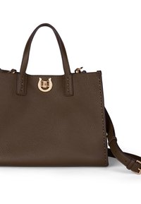 Brązowa torba tote z teksturowanej skóry, z podwójnymi uchwytami u góry, odpinanym paskiem oraz złotymi akcentami w centrum.