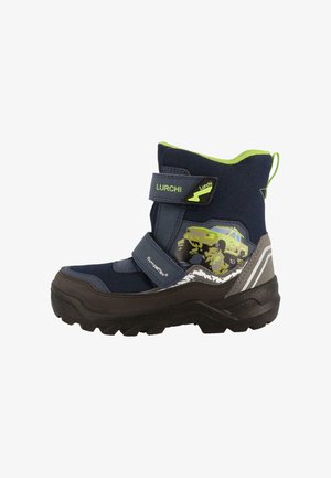 Kinderstiefel in Marineblau mit grauen Akzenten, Gummisohle und Klettverschluss. Auf der Seite befindet sich ein leuchtendes grünes Monstertruck-Design.
