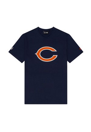 Navy blue cotton t-shirt with a circular orange and white logo on the front and short sleeves. Tag on the left sleeve.