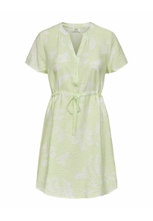 Lysegrøn kortærmet kjole med diskret hvidt blomsterprint, V-udskæring, knappet stolpelukning og justerbar snøre i taljen.