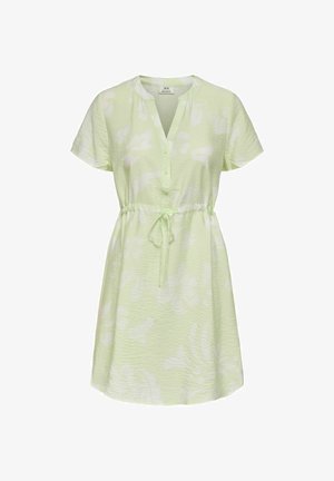 Light green short-sleeve dress with subtle white floral pattern, V-neck, buttoned placket, and adjustable drawstring waist.