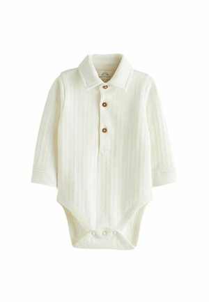 Kremfarvet ribbet baby-body med lange ærmer, krave, tre brune knapper foran og trykknapper i bunden.