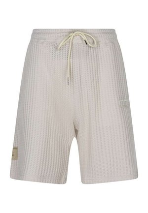 Pantalones cortos de punto con textura en beige claro, con cintura elástica y cordón crema, con un pequeño parche lateral y detalle sutil de bolsillo.