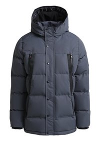 Chaqueta de abrigo gris con capucha, con costuras horizontales, botones a presión, dos bolsillos laterales con cremallera y un forro interior suave.