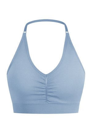 Blaue, weiche Stoff-Bralette mit V-Ausschnitt, verstellbaren Trägern und gerafften Details in der Mitte. Breiter gerippter Bund am Boden.