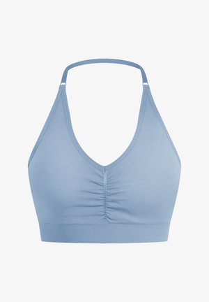 Blaue, weiche Stoff-Bralette mit V-Ausschnitt, verstellbaren Trägern und gerafften Details in der Mitte. Breiter gerippter Bund am Boden.