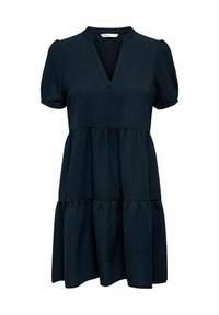 Dunkelblaues kurzes Kleid mit V-Ausschnitt, gestuftem Rüschens Rock und strukturiertem Stoff. Verfügt über Puffärmel und eine mittellange Schnittform.