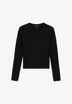 Schwarzes, geripptes Langarmshirt mit Rundhalsausschnitt und tailliertem Schnitt, aus elastischem Stoff, flach auf weißem Hintergrund präsentiert.