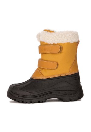 Żółte wodoodporne zimowe buty z czarną gumową podeszwą, podwójnymi rzepami i puszystym białym kołnierzem z polaru. Teksturowany design zapewniający przyczepność.