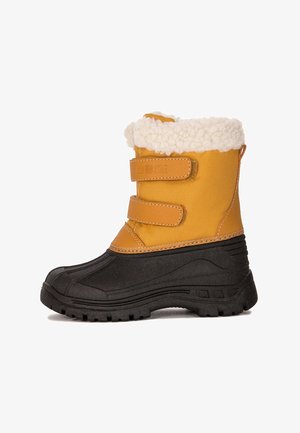 Stivale invernale giallo impermeabile con suola in gomma nera, doppie cinghie in velcro e colletto in morbido fleece bianco. Design testurizzato per migliorare la presa.