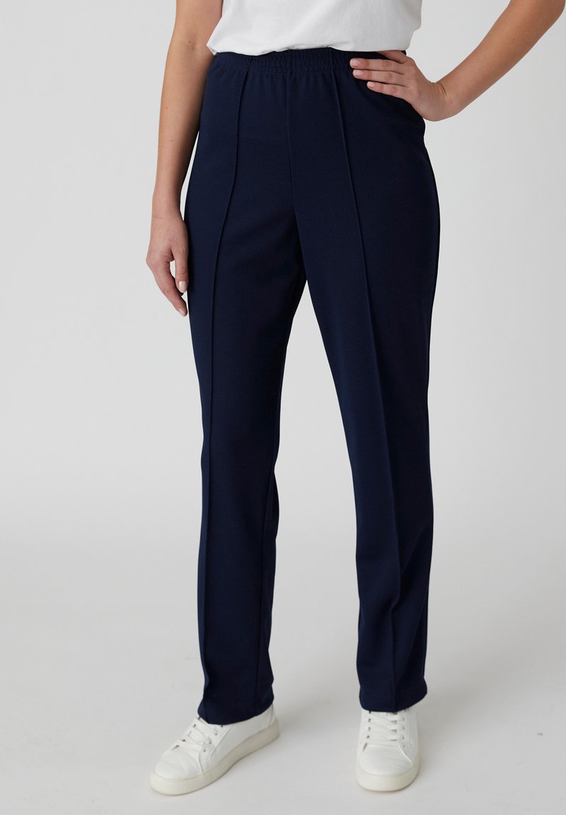 Navyblauwe, elastische taillebandbroeken met een rechte pijpdesign, die een soepel textuur en verticale naden bevatten voor een gekleed uiterlijk.