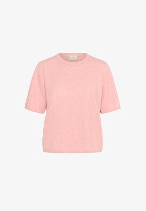 Short-sleeved, pink knit sweater with a crew neck. Soft texture, classic fit, and minimal design with no prominent patterns or accents.
