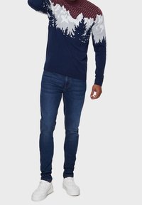 Pull marin avec empiècement bordeaux arborant des motifs blancs de montagnes et d'arbres. Associé à un jean bleu foncé et des baskets blanches.