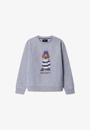 Sudadera gris con cuello redondo que presenta un perro de dibujos animados con una gorra azul y una camiseta a rayas. Logotipo "HACKETT" impreso debajo del diseño.