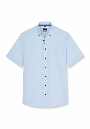 Hellblaues Kurzarmhemd mit schwarzen Knöpfen, einer Tasche auf der linken Brustseite und gemustertem Innenkragen.