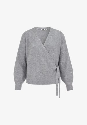 Suéter envolvente de punto gris con mangas largas, puños y dobladillo acanalados, y cierre lateral con lazo, con detalles sutiles de lentejuelas.